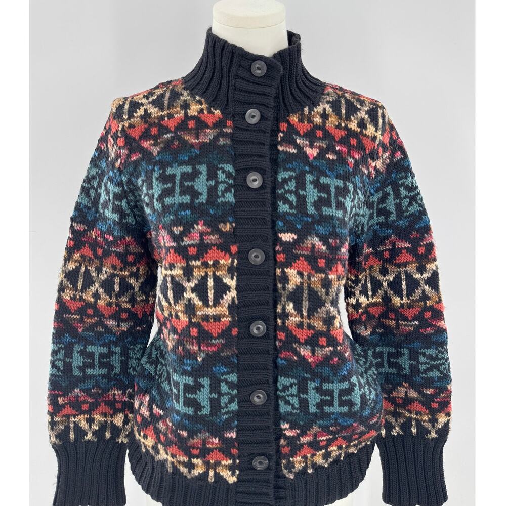 Peruvian Connection 100% Wool Black Multi Sweater Cardigan Jacket Cardi Small